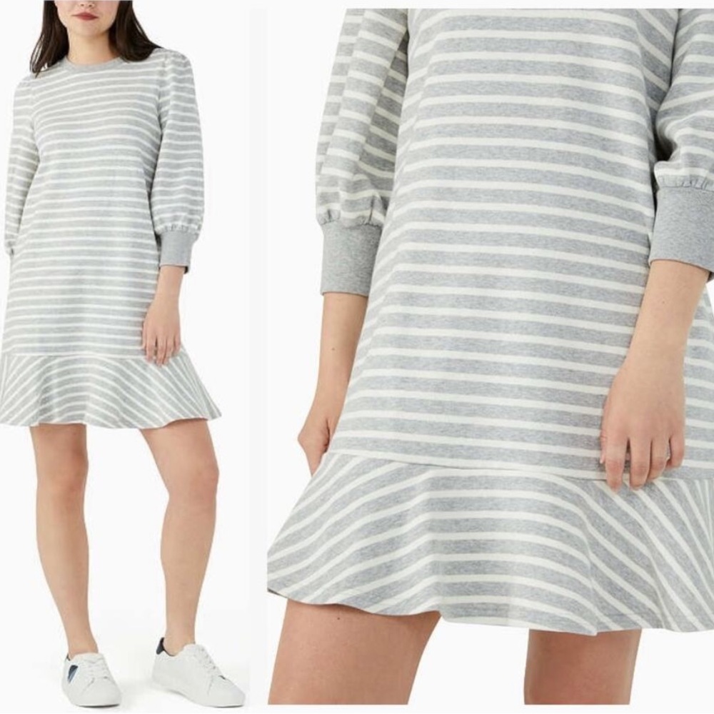 KATE SPADE Sailing Stripe Sweatshirt Dress Ruffle Flounce Sundress Gray